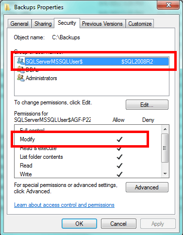 Assign the Modify permission for SQL Server service account on the Backup Folder