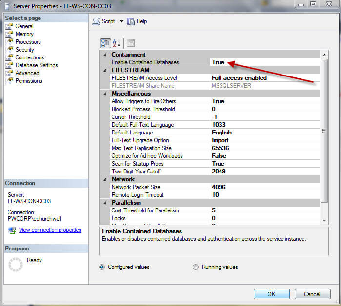 SQL Server Management Studio Server Properties to Enable Contained Databases