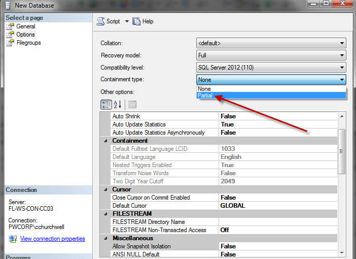 New Database interface in SQL Server Management Studio to configure the containment type