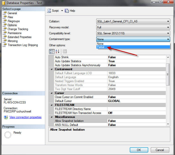 Enable Containment for an Existing Database using SQL Server Management Studio
