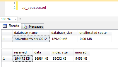 sp_spaceused at the database level returns the following