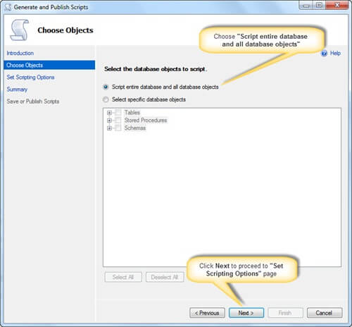 Choose option Script entire database and all database objects in the SQL Server Management Studio Generate Scripts Wizard