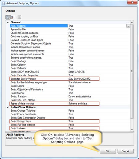 Choose option Set scripting options including scripting the Schema and Data