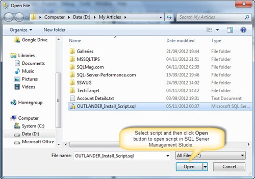 Opening SQL Script to install OUTLANDER database