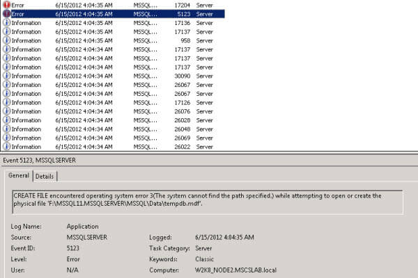 Event Viewer Application Log - Error Events 5123 and 17204 