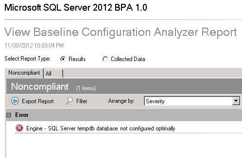 View Baseline Configuration with the SQL Server BPA - We are only receiving the error related to the tempdb database