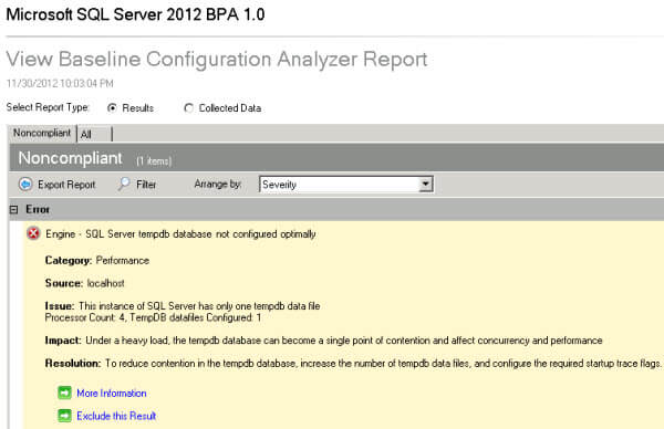 Click on the error in the Microsoft SQL Server 2012 BPA 1.0 to read the full description 