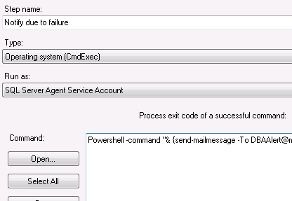 SQL Server Agent Job Step to execute PowerShell to send an email