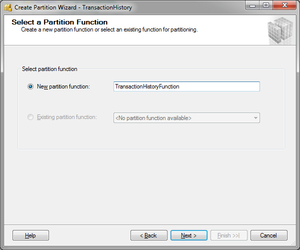 SQL Server Partition Wizard - Select a Partition Function