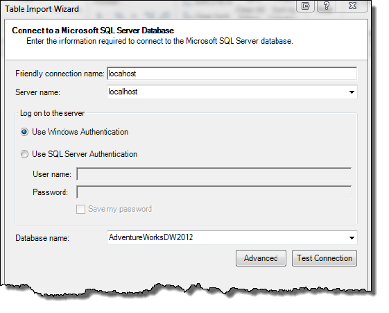 PowerPivot Table Import Wizard to connect to a Microsoft SQL Server Database