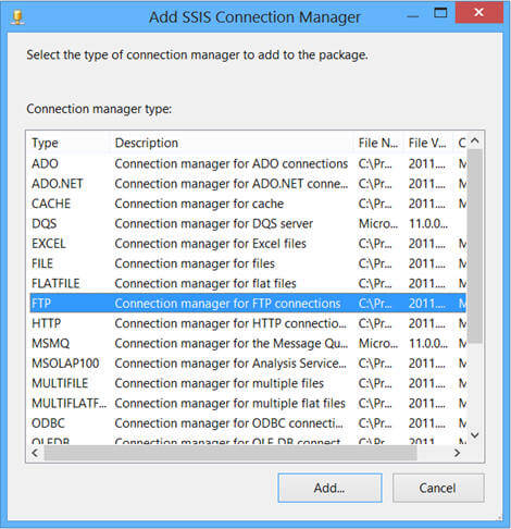 right click on the Connection Managers pane on the bottom and then select FTP as connection manager type f