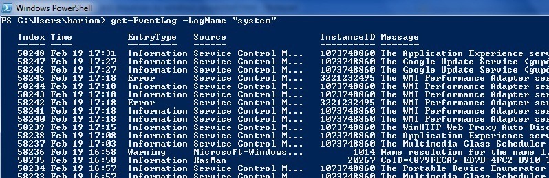 get eventlog of system type log