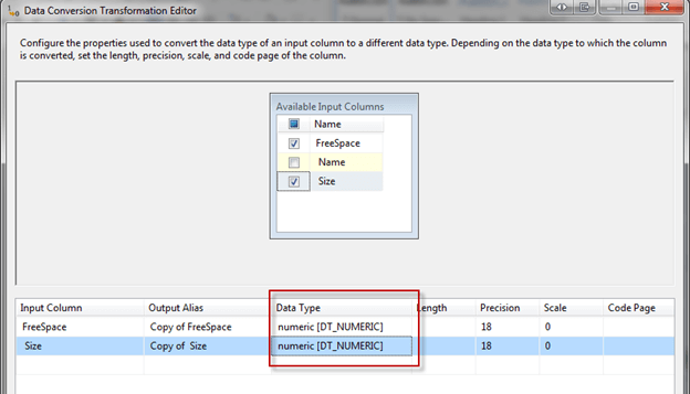 Select Free Space and Size and change Data Type to numeric[DT_numberic] and click OK