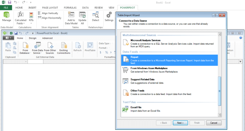 In the PowerPivot interface, from the home menu select the option - From Other Sources