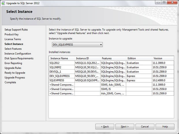 DEV_SQLEXPRESS' instance to upgrade to SQL Server 2012 Express