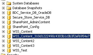 Here's an example of a SharePoint content database, commonly prefixed with the name WSS_Content before the GUID value