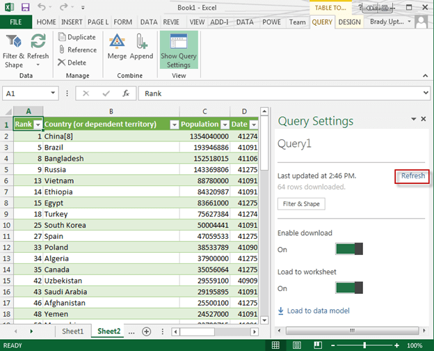 click done and the data will be loaded into Excel