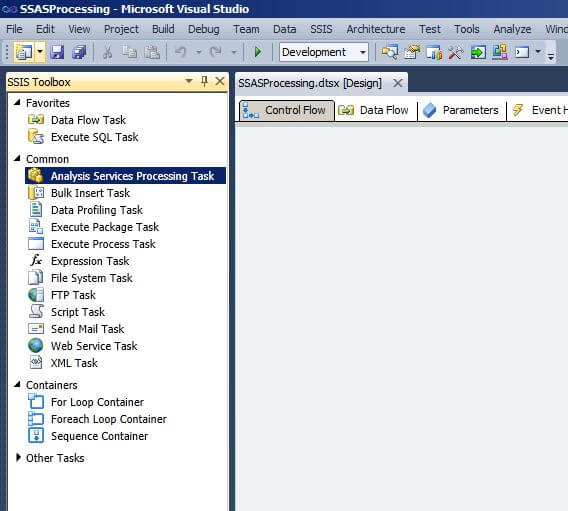 The Analysis Services Processing Task is in the SSIS Toolbox when the Control Flow tab is selected