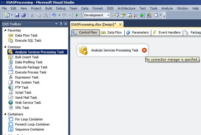 Drag an Analysis Services Processing Task from the SSIS toolbox 