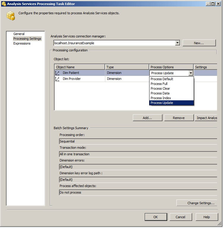 Several processing options for each object are available in the "Process Options" drop-down list box. 