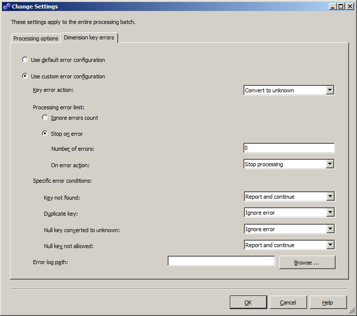 The "Dimension key errors" tab allows for the specification of dimension key error handling