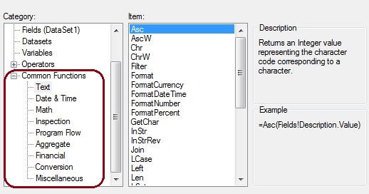 Categories of Functions in SSRS Expressions