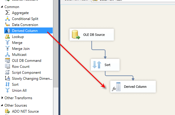 Drag the Derived Column task from the SSIS toolbox onto the design screen