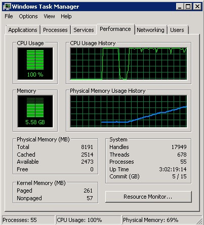 Windows Task Manager shows full vCPU utilization when observing its usage in the virtual server