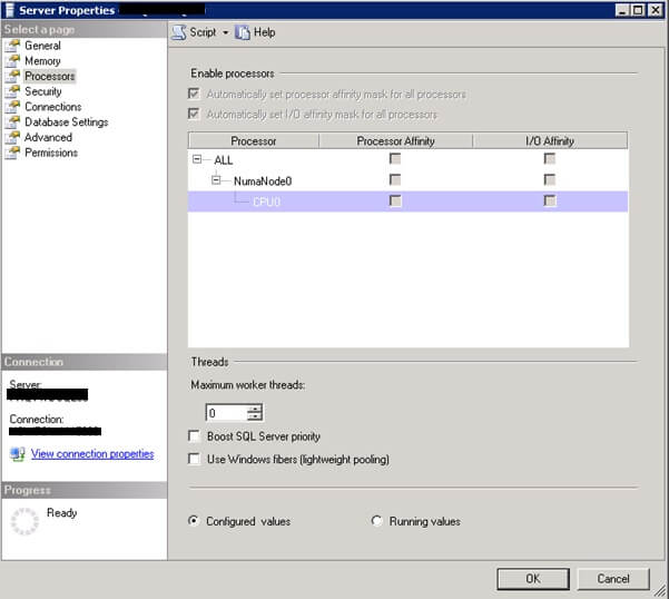 a check on SQL Server Processor properties page show SQL Server is initially setup with 1 vCPU