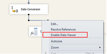 Right click on the precedence constraint between Data Conversion and Derived column and click Enable Date Viewer