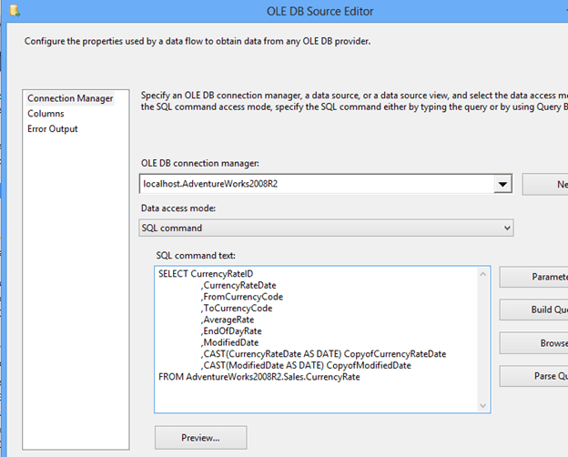 Change the Data access mode to SQL Command and use the following SQL