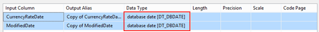 I'm changing CurrencyRateDate and ModifiedDate from "database timestamp" to "database date" 