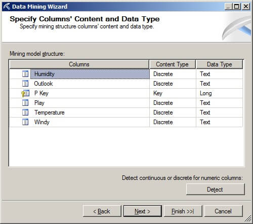 the Specify Columns' Content and Data Type page