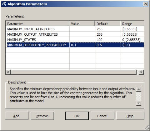 In the Algorithm Parameters window, set the MINIMUM_DEPENDENCY_PROBABILITY 0.1