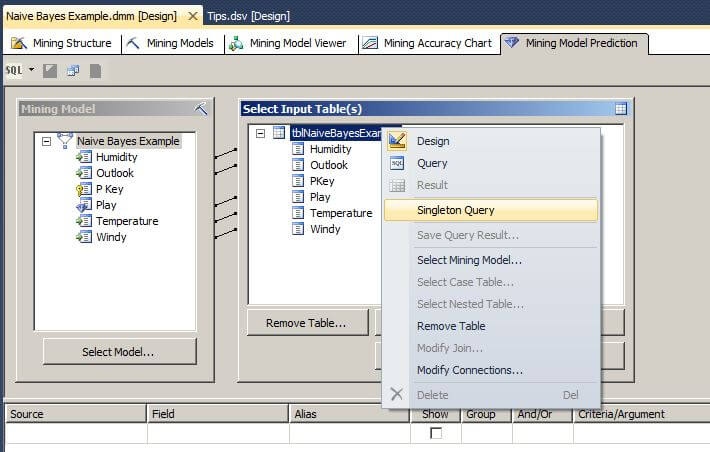 Next, right click on the table name in the Select Input Table(s) box and choose Singleton Query