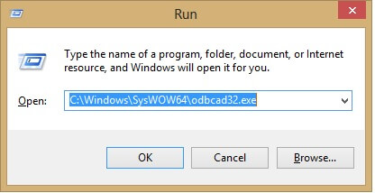 Click Start Run and type C:\Windows\SysWOW64\odbcad32.exe and press return for the 32 bit administrator.