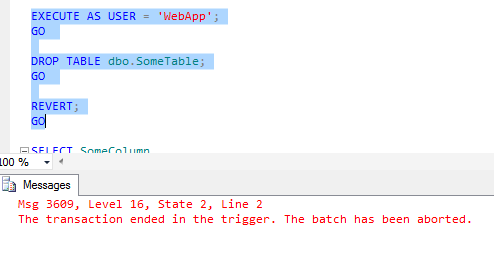 The DDL trigger stopped the DROP TABLE statement