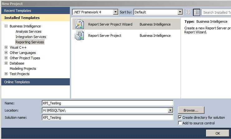 create a new Reporting Services project in Visual Studio