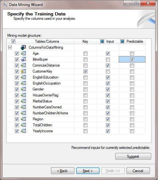 On the Specify the Training Data page, check the box in the Key column that corresponds with the CustomerKey column.