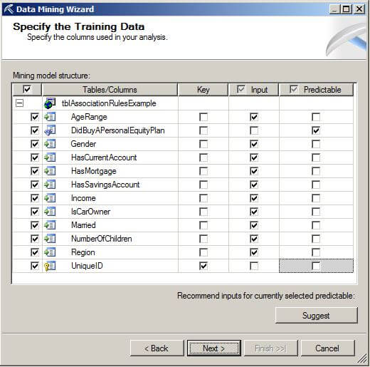 On the Specify the Training Data page, ensure that the check box is checked in the Key column