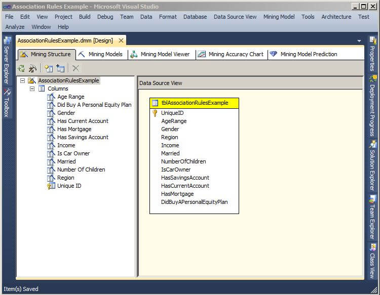 In Visual Studio, the Mining Structure tab of the data mining model should appear as shown 