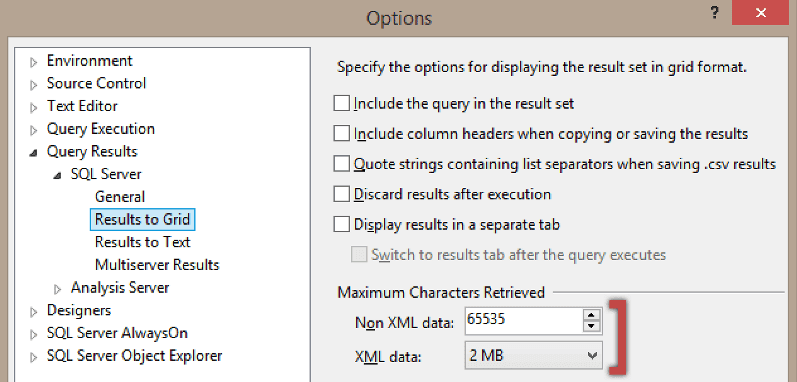 SSMS options for Results to Grid