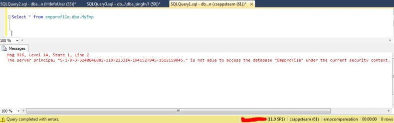 let's try to access the table MyEmp from Empprofile database using CsAppsTeam user 