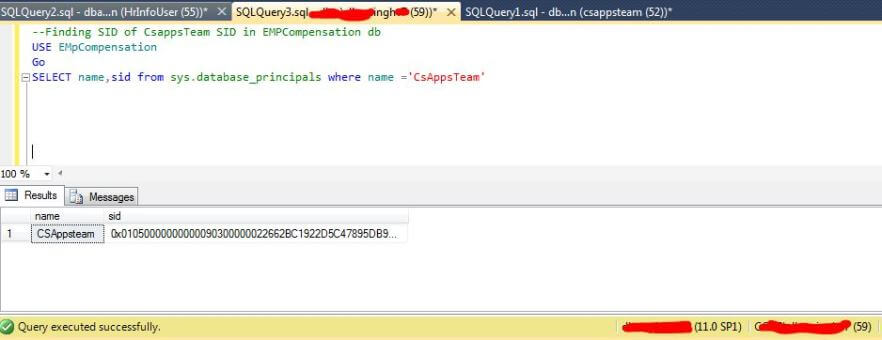 Finding SID of CsappsTeam SID in EMPCompensation db 