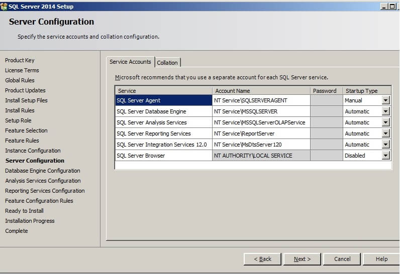 The Server Configuration screen shows the services to be installed