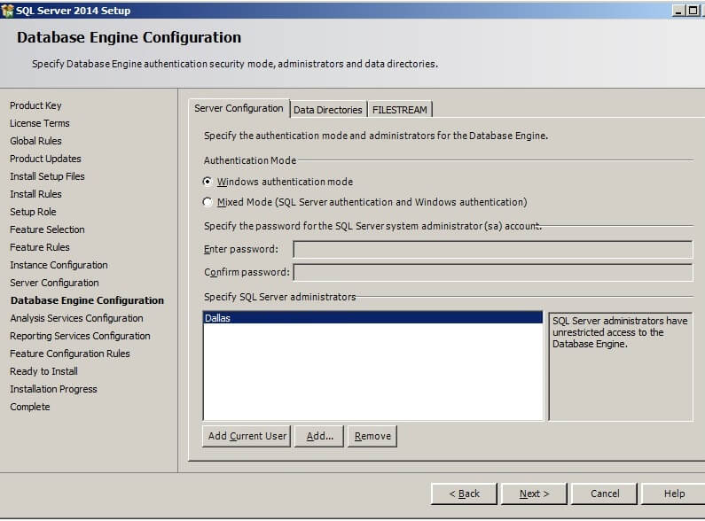 On the Server Configuration tab of the Database Engine Configuration screen