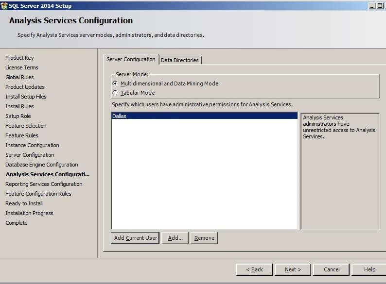 the Server Configuration tab of the Analysis Services Configuration screen