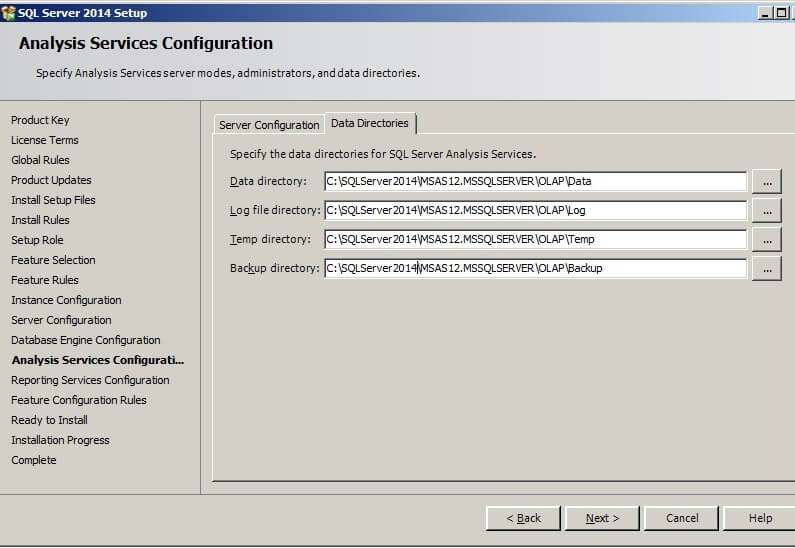the Data Directories tab of the Analysis Services Configuration screen