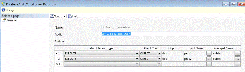 Database Audit Specification properties
