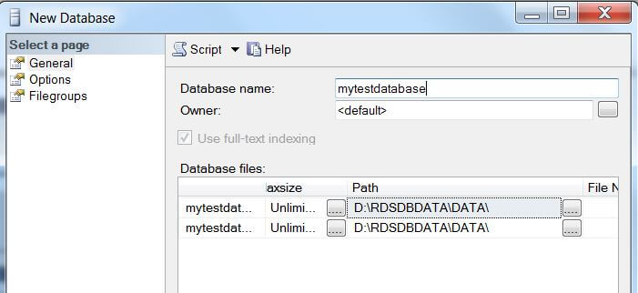 Default location for database files in RDS